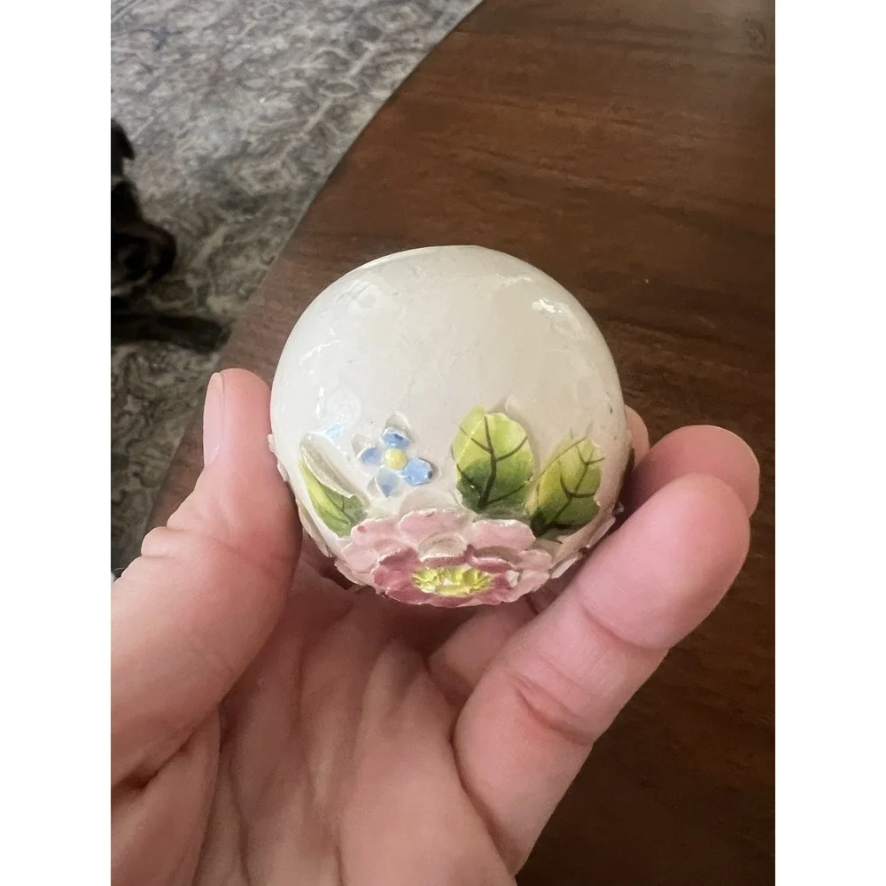 Vtg Hand Painted Ceramic Bisque‎ Egg Figurine Pink 3D Floral w/ Gold Fish Stand